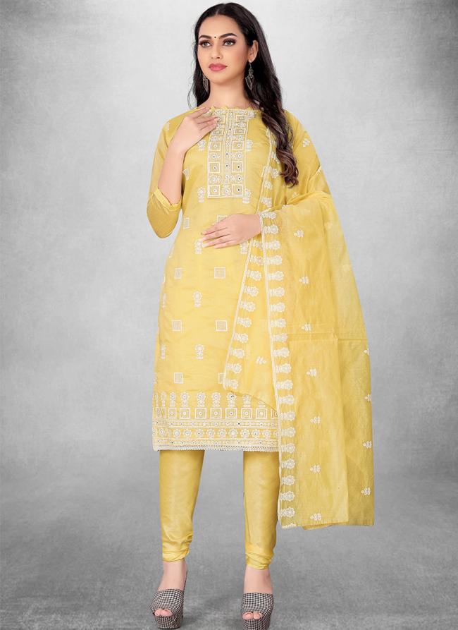 Modal Chanderi Yellow Traditional Wear Embroidery Work Churidar Suit